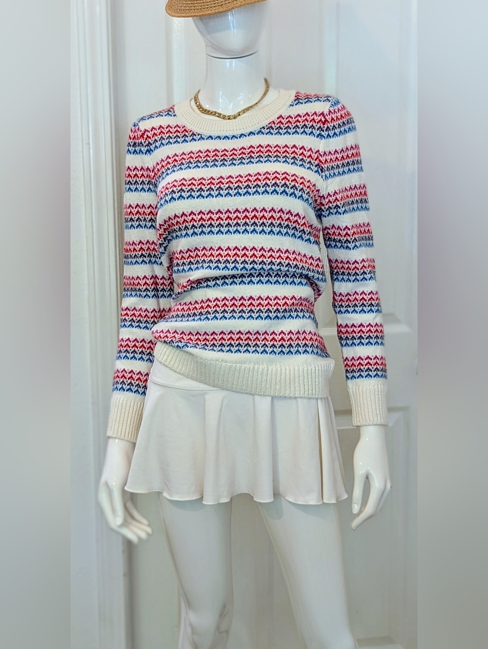 Talbots Cream Fair Isle Knit Sweater with Red & Blue Stripes Cotton Blend Mp
